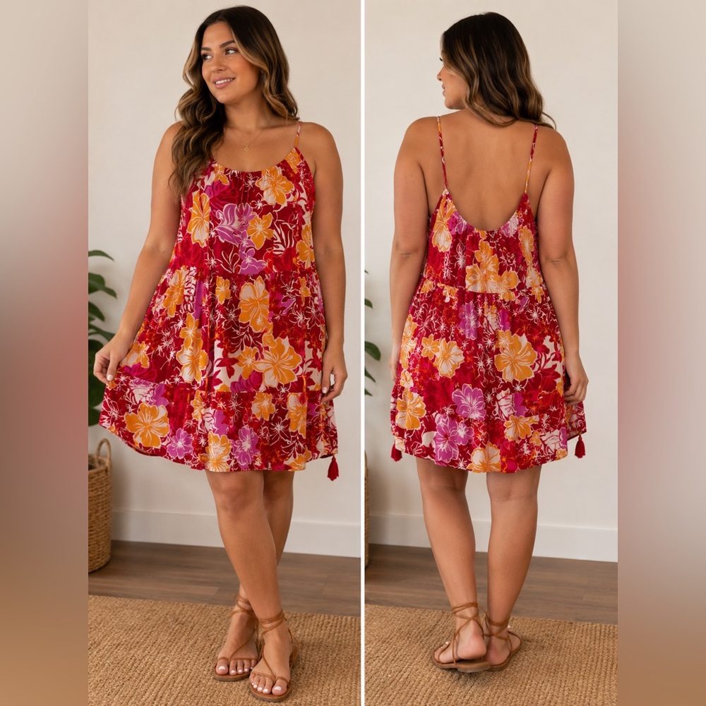 Roxy Floral Mini Dress Skirt - Red, Pink, Yellow